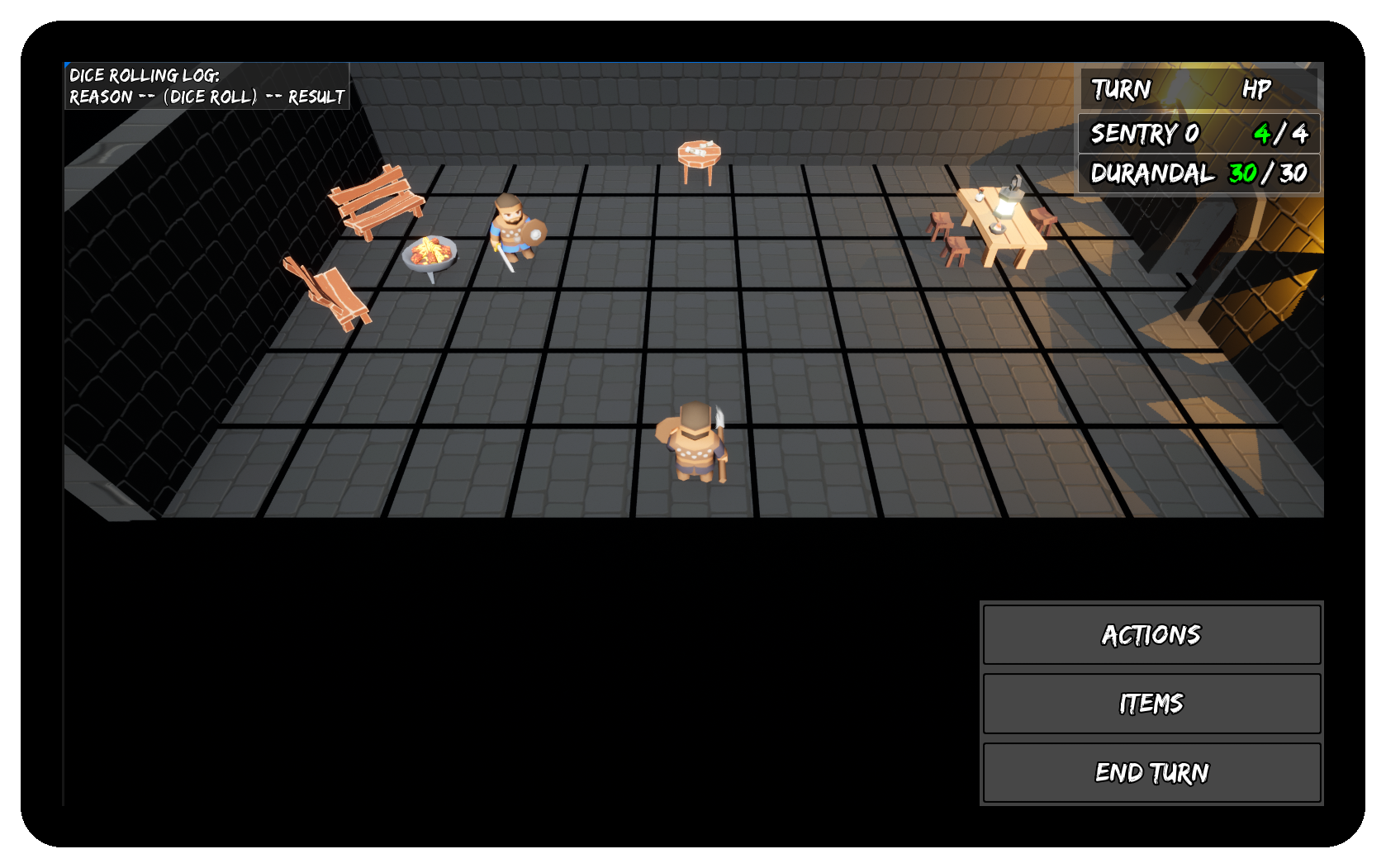 The Combat user interface. Demonstrates a turn tracker, and options for actions, movement, inventory, and ending a turn.