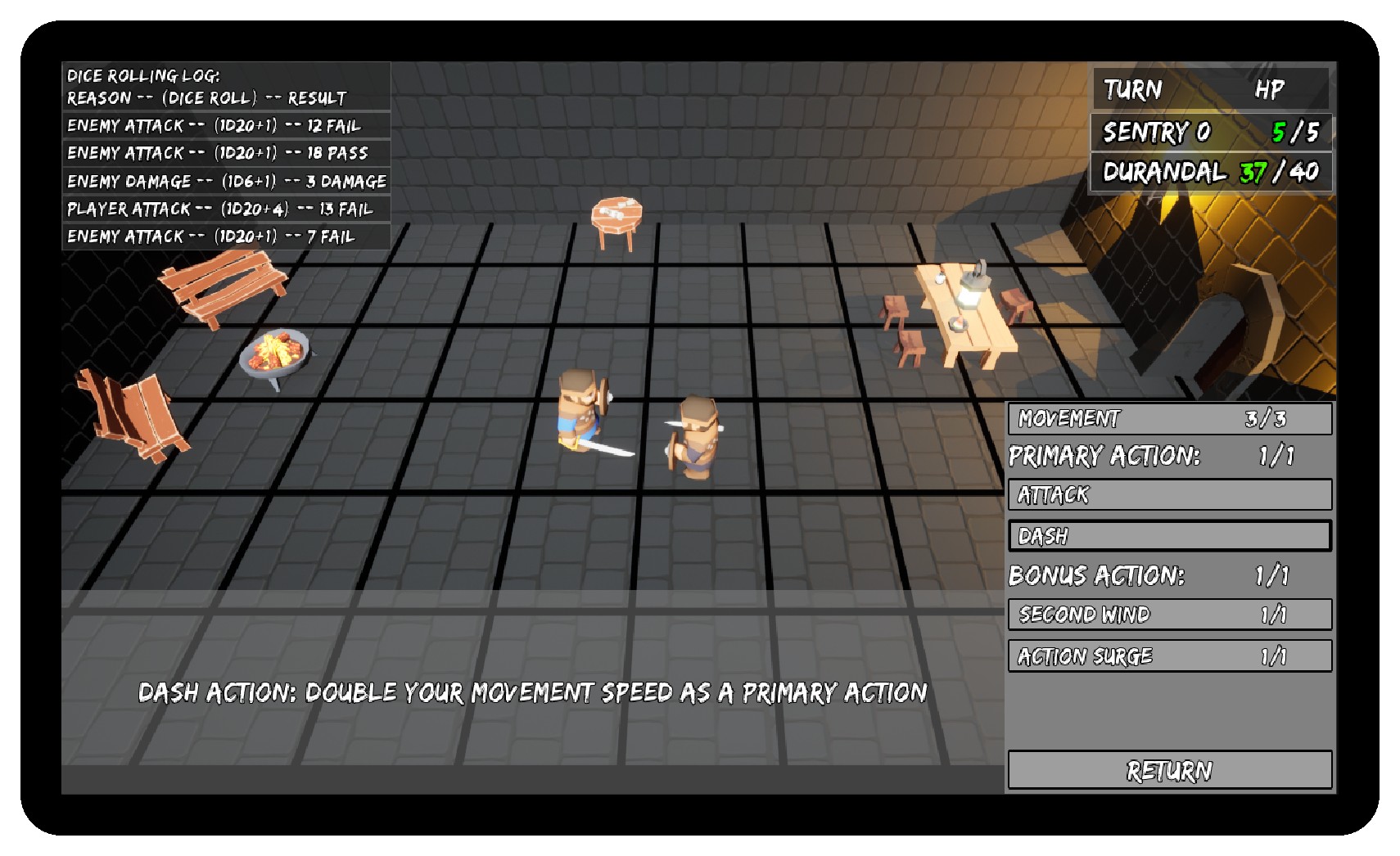 The Combat action submenu. Demonstrates a character tracker, dice log, and character actions including movement, attacking, dashing, and the bonus actions
                 Second Wind and Action Surge.