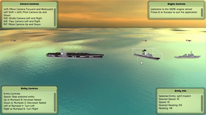A demonstration of the OGRE engine, showing camera movement, entity selection, and movement.
